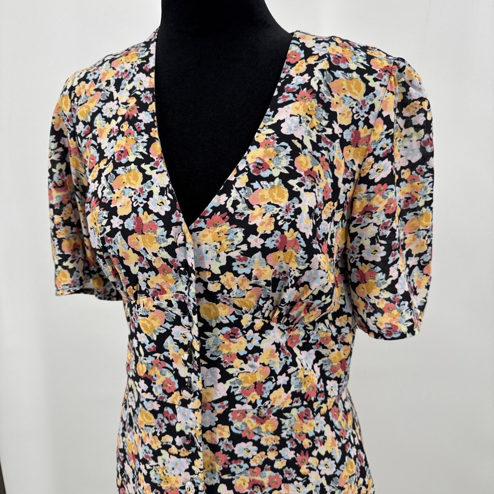 Nobody's Child Womens Printed Floral Print Midi Dress Short Sleeve Size 4 Black - Picture 2 of 13